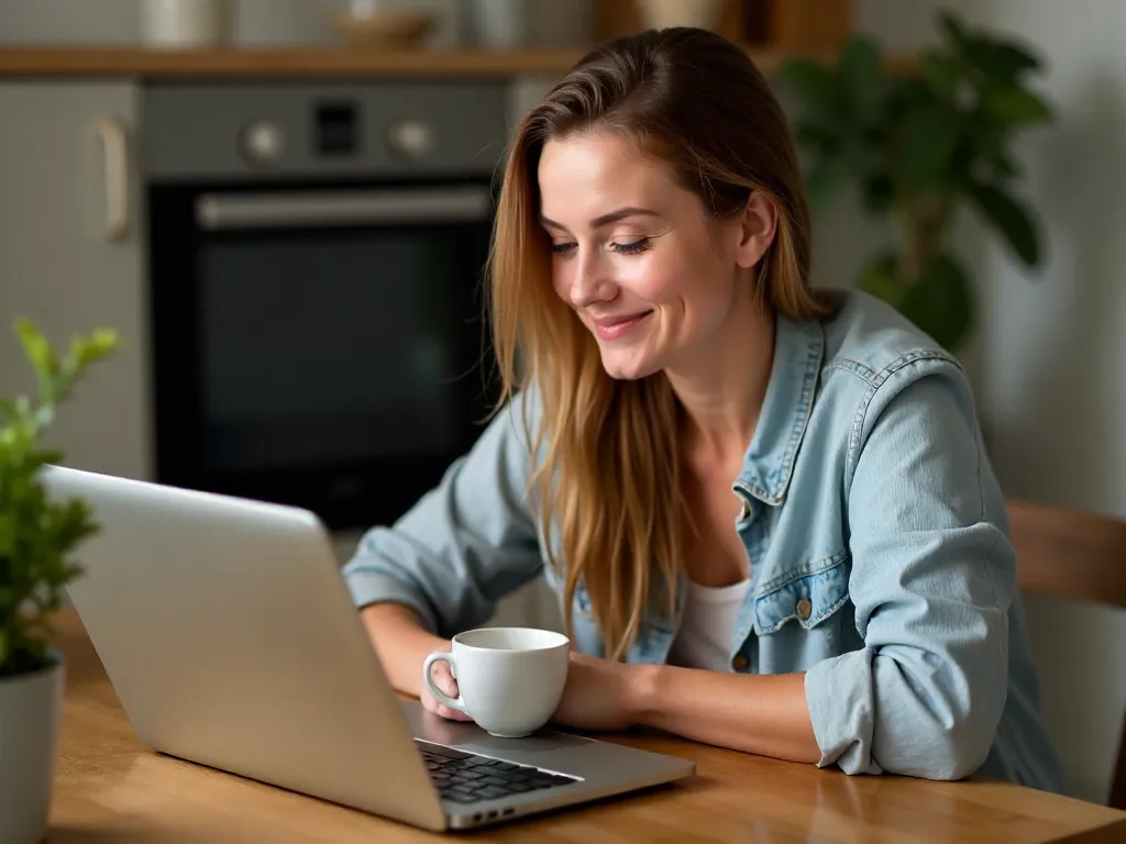 Woman smiling as she studies on a laptop at her kitchen table, a cup of coffee beside her